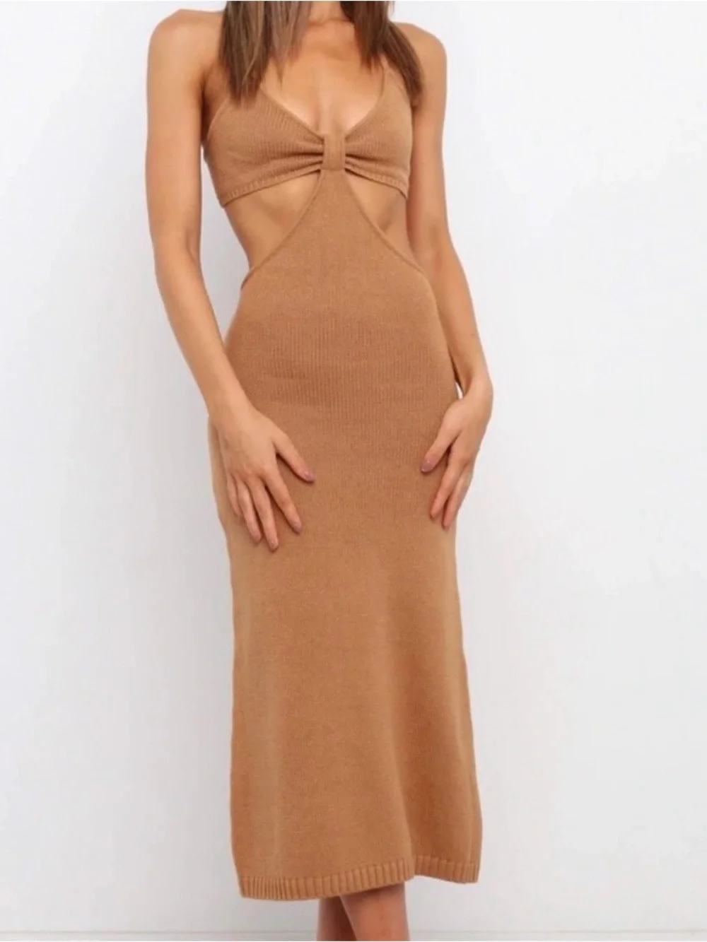 Petal & Pup Tan Cut-Out Knit Midi Dress | Open Back Tie Vacation Bodycon Size 2 - Picture 3 of 6